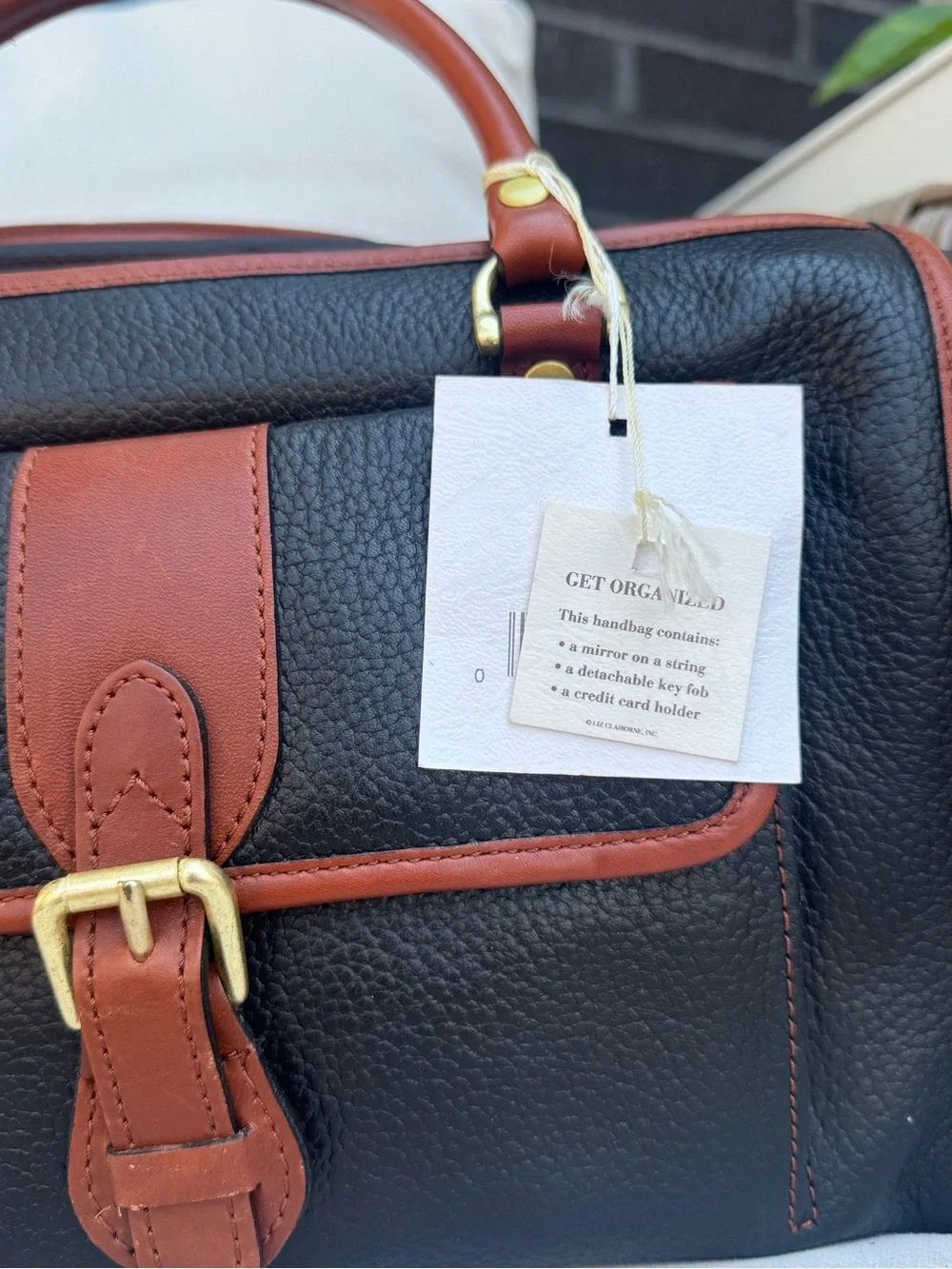 NEW Liz Claiborne Black and Brown Leather Satchel with Buckle Accent
